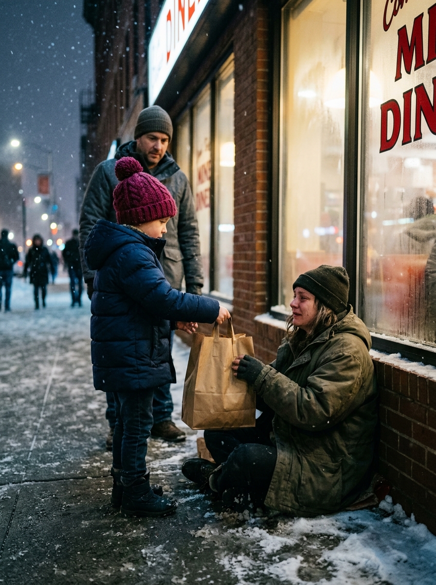 THE LITTLE GIRL HANDED A HOMELESS WOMAN A BAG OF COOKIES—THEN SAID FIVE WORDS THAT LEFT HER FATHER SILENT AND CHANGED ALL THREE OF THEIR LIVES
