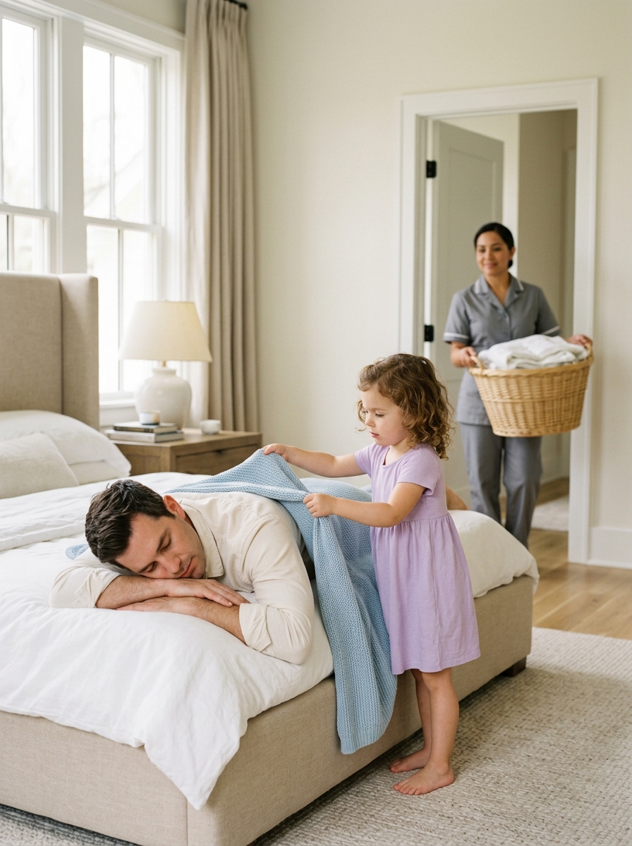 The Billionaire Pretended to Sleep to Test His New Maid—But When Her Little Daughter Quietly Covered Him with a Blanket and Whispered Something Heartbreaking, He Couldn’t Hold Back His Tears