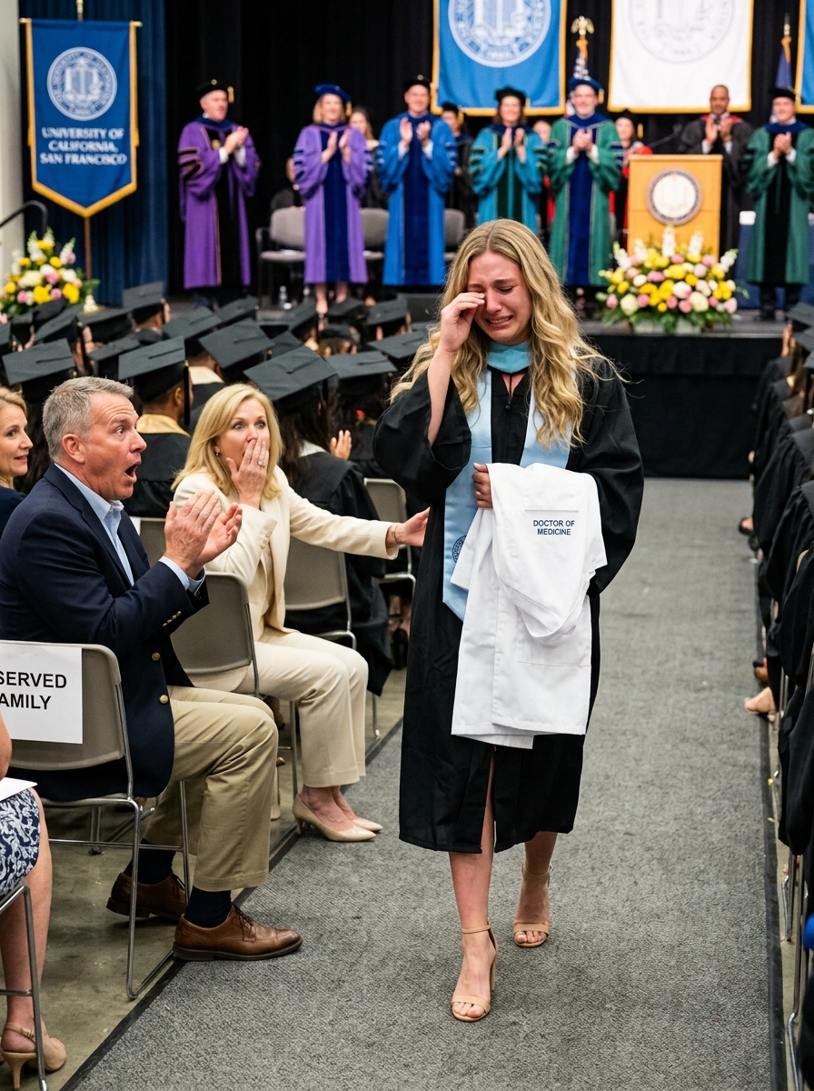At my graduation, the parents who abandoned me while I was fighting cancer appeared in the reserved seats as if they deserved to share in my achievement. They whispered that I “owed them this moment,” but when the dean announced the valedictorian and read the same name stitched onto my white coat, their faces changed before I had even stepped onto the stage.
