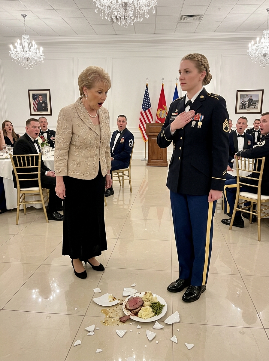 At my father-in-law’s retirement banquet, my mother-in-law threw my dinner onto the ballroom floor and told me I didn’t belong at the table. My husband sat beside me and said nothing. But before anyone could enjoy my humiliation, I stood in my Army dress uniform, looked toward the stage, and said three words that froze the entire room: “Read my orders.”