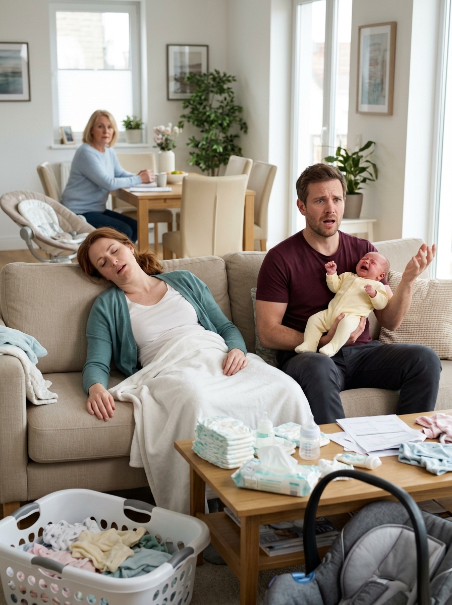 I arrived home much earlier than planned and discovered my wife unconscious on the sofa while my mother sat nearby, calmly eating the meal she had pressured her into cooking. Our newborn son was screaming desperately, yet Mom ignored him completely.