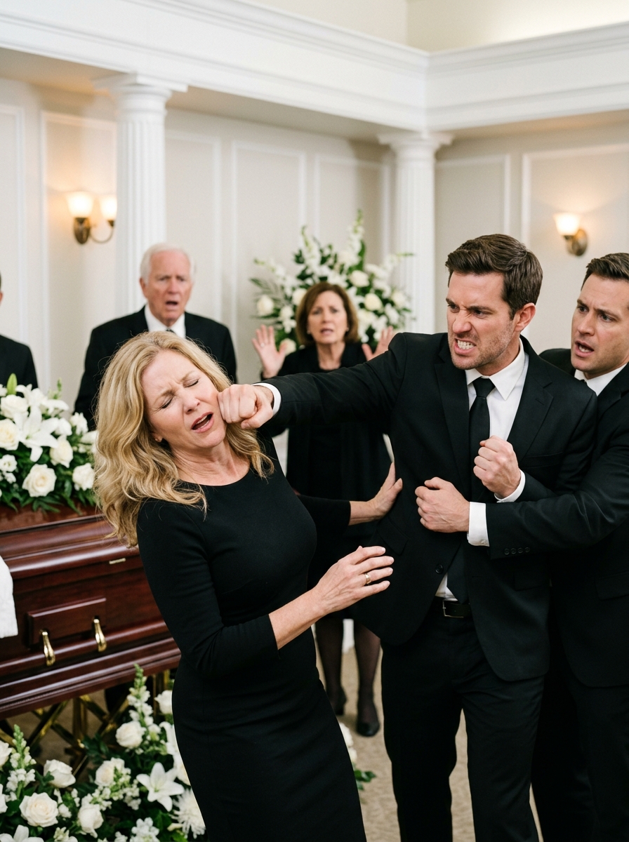 My brother punched me at Dad’s funeral because I refused to hand him the safe key. Blood covered my black dress while relatives dragged him away. “She’s stealing my inheritance!” he screamed. I opened the safe in front of everyone. Inside was no money—only documents proving he had emptied Dad’s accounts months earlier.