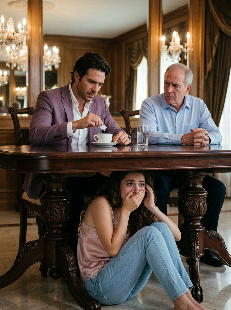 My father turned off the lights, hid me under the table, and whispered, “No matter what you hear, don’t come out.” Minutes later, my husband admitted he’d faked 12 years of marriage just to steal my family’s home. I stayed perfectly still—because on the table sat a tampered cup and one document that could destroy every person in that room.