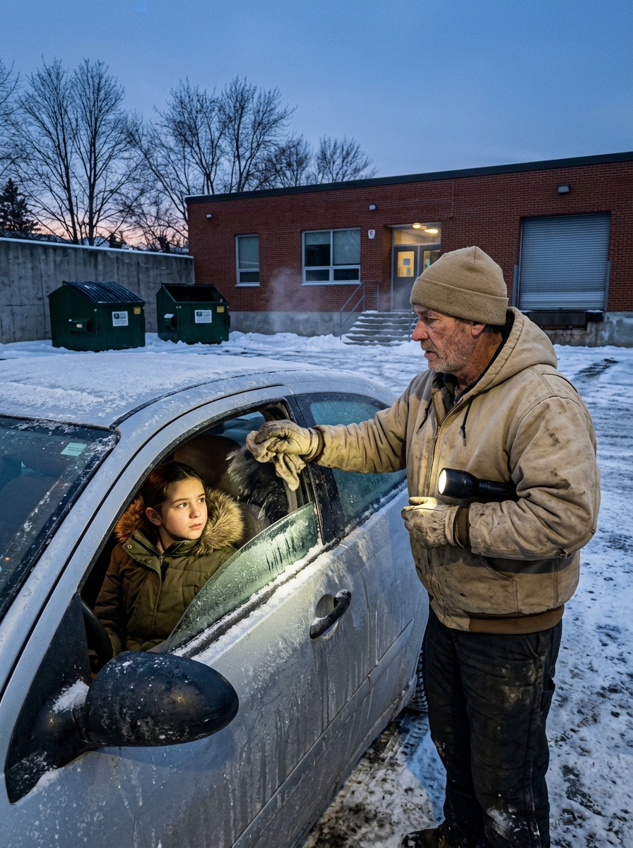 A 62-year-old school janitor found a 16-year-old girl sleeping in a frozen car at 5 AM. Instead of calling security, he did something that changed their lives forever.