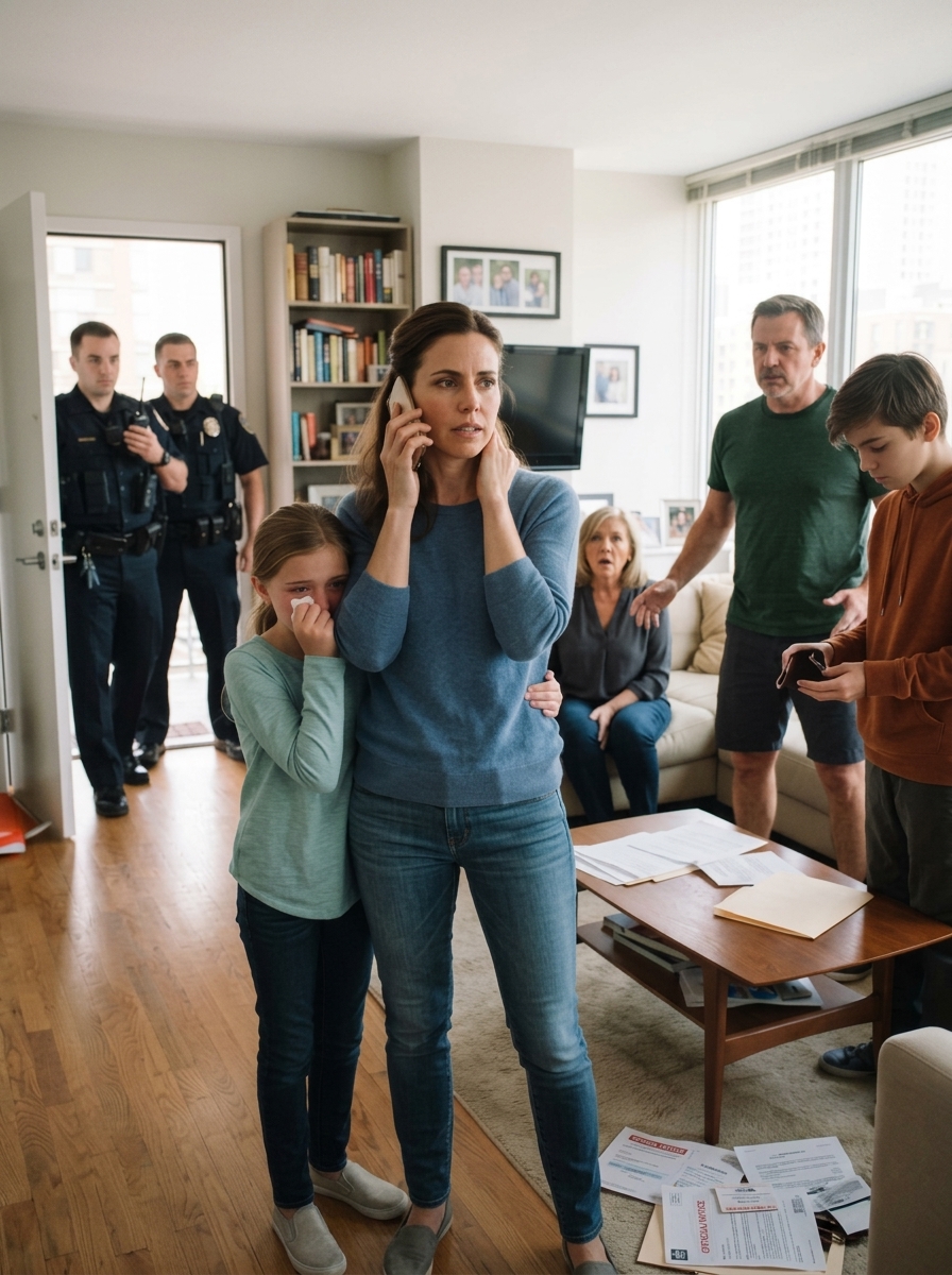 I came home early—and froze when I heard my daughter sobbing. My ex-husband stood over her with his new wife, while his stepson tore through my apartment. “Where are the jewelry and property documents?”