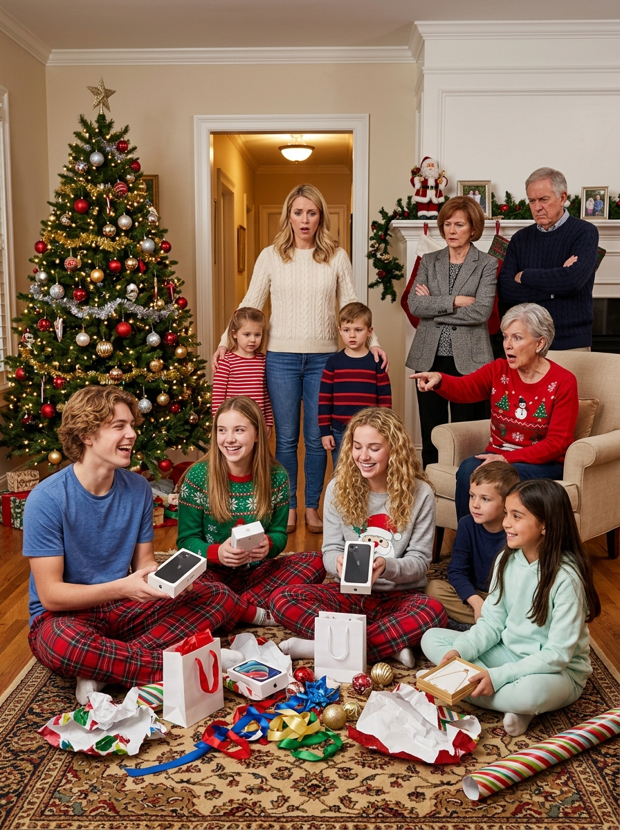 Moral Stories My children sat on my parents’ living room floor with a dollar-store game and cheap snowman mug while my sister’s kids opened iPhones, a MacBook, jewelry, and a Disney cruise I had secretly paid for. My mother said, “We don’t buy gifts for stepchildren, Susan. Don’t make this awkward.” My father added, “Be grateful they’re included.” My kids smiled politely, but I saw their hurt. I took them home, and by 2:13 a.m., I canceled every payment in my name. By morning, 69 missed calls and two police officers standing at my door…