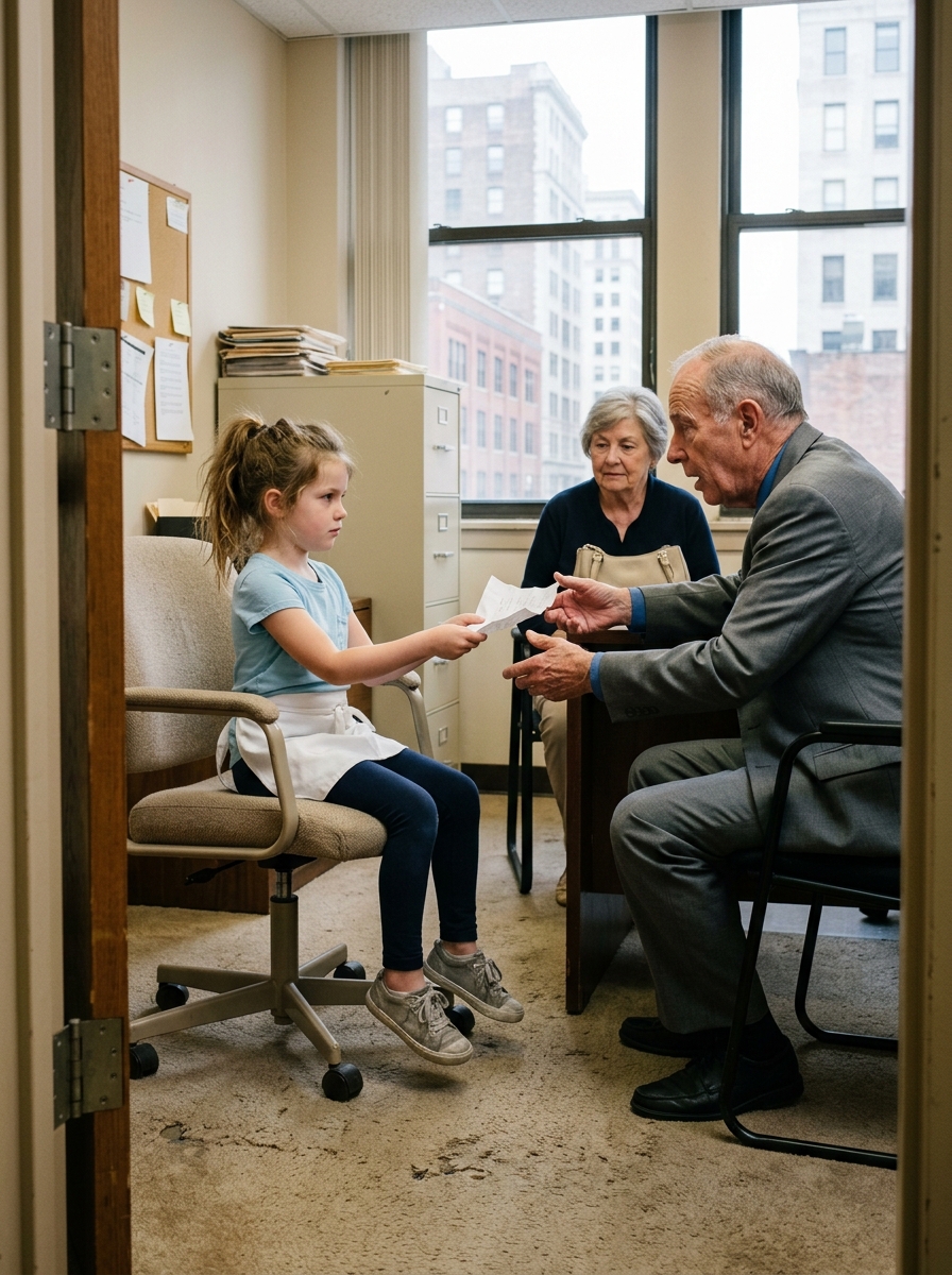 A Six-Year-Old Girl Showed Up at a Downtown Office Wearing Her Mother’s Oversized Apron—Then the Crumpled Résumé in Her Hand Forced a Lonely Executive to Face What His Success Had Cost Him