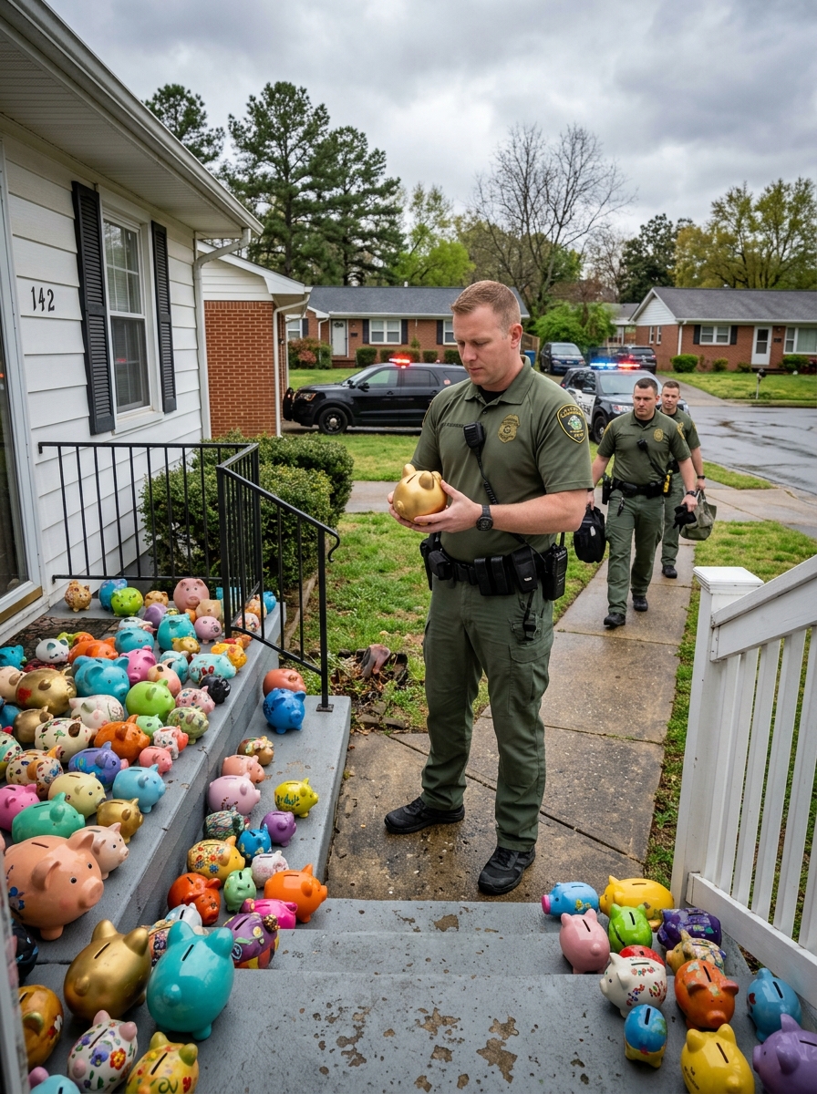 My 6-year-old son emptied his piggy bank to help our elderly neighbor when her house went dark — but the next morning, our yard was covered with piggy banks, patrol cars blocked the street, and one officer handed me a red piggy bank with a war:ning: “Break this open.”